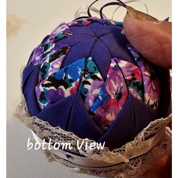 Two Quilted Christmas Ball Ornaments Handmade Purple Victorian Look - Picture 9 of 10
